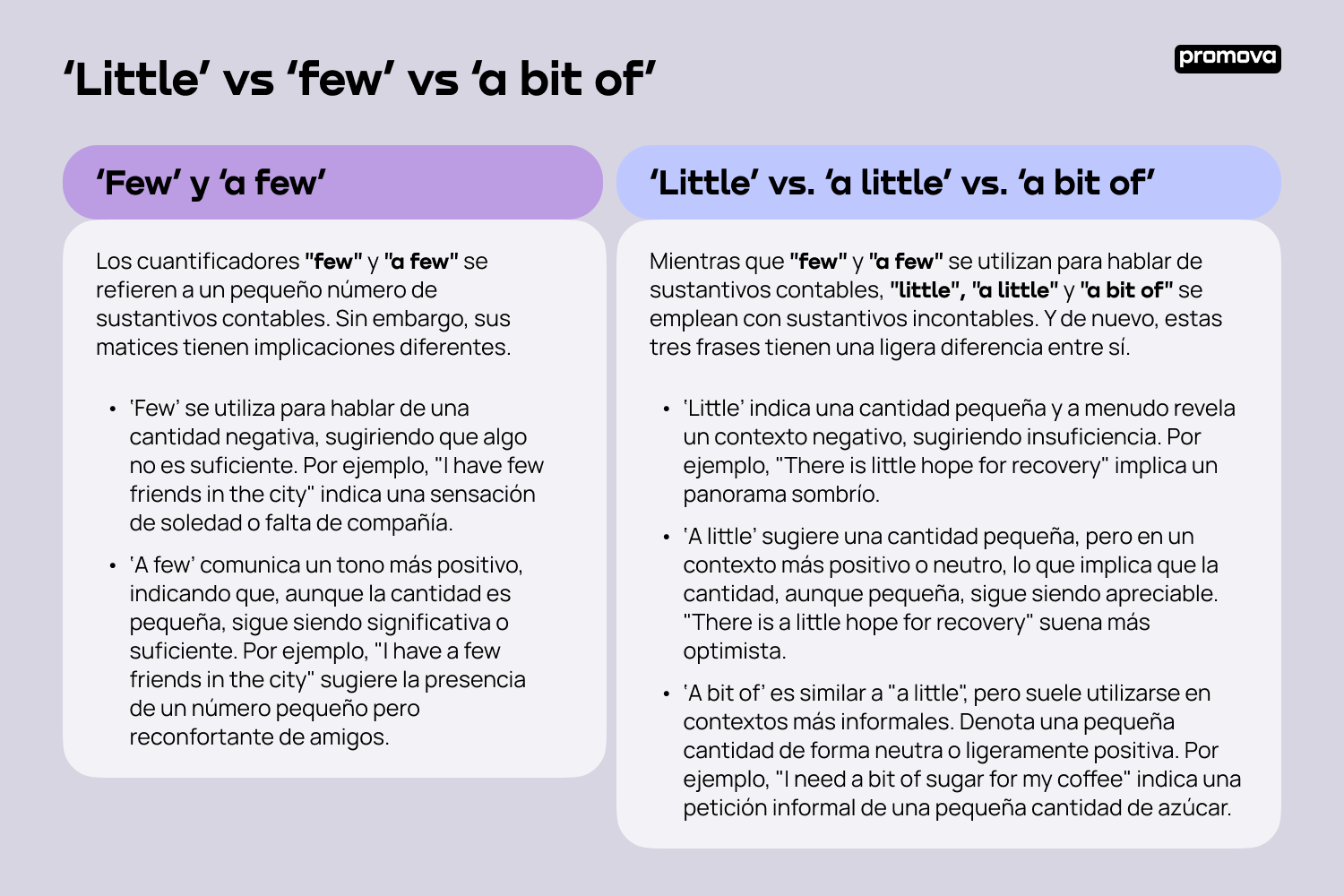 Descubre las diferencias y usos de little, few y a bit of en inglés